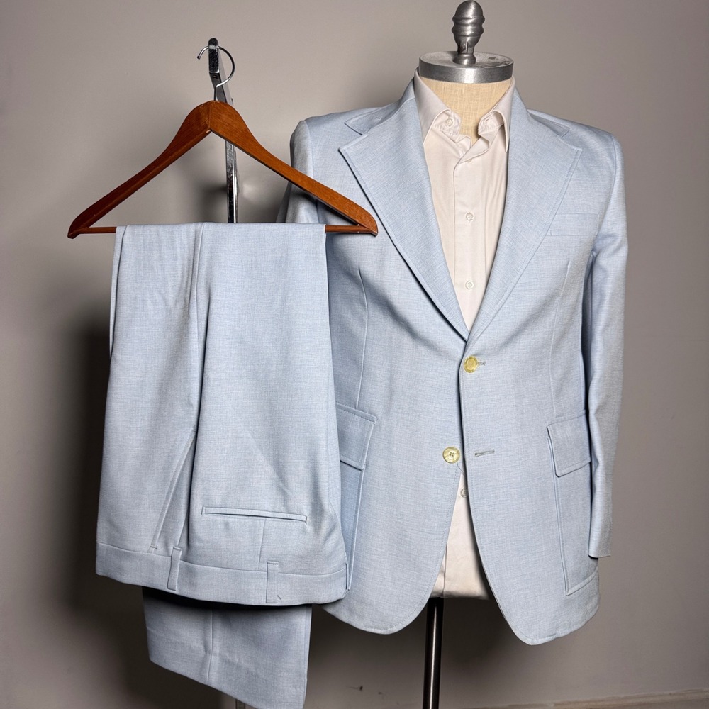 Haggar Suit Mens 40R W34 Light Blue Solid Vintage 2 Button Notch Flat Front